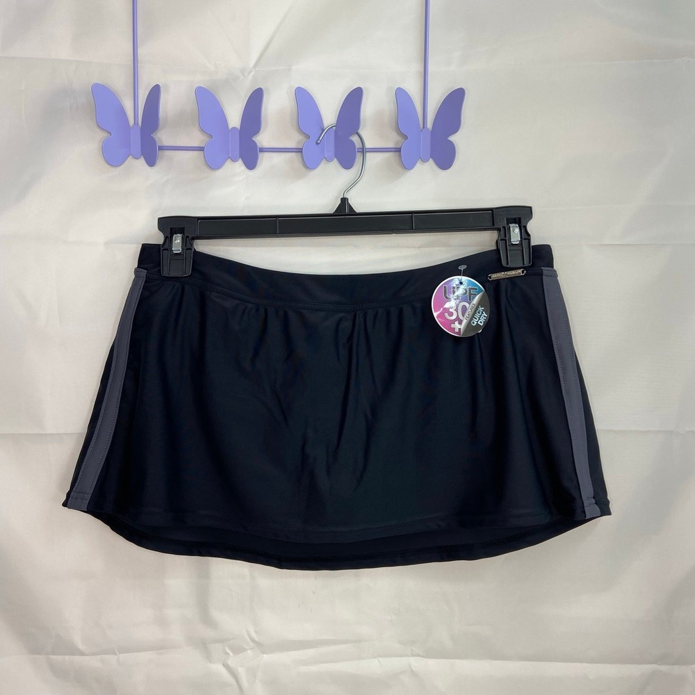 NEW ZEROXPOSUR Swimwear women's black gray‎ stripe stretch bathing suit skirt 10